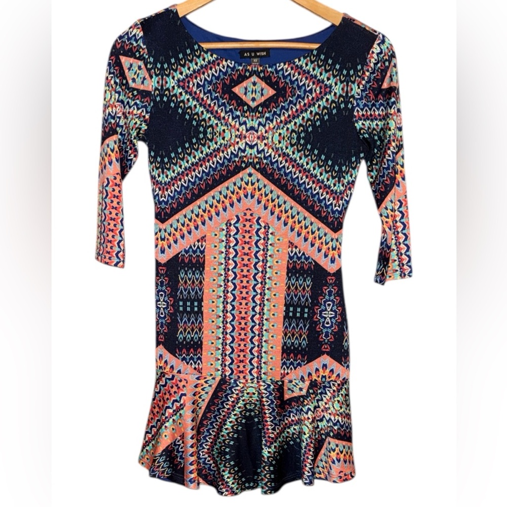•AS U WISH•NWOT MULTI-COLORED BOHEMIAN 3/4 SLEEVE RUFFLE HEM DRESS SIZE XS